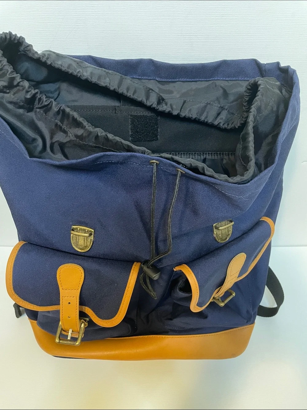 L.L. Bean Navy Backpack with Tan Leather Trim and Front Pockets